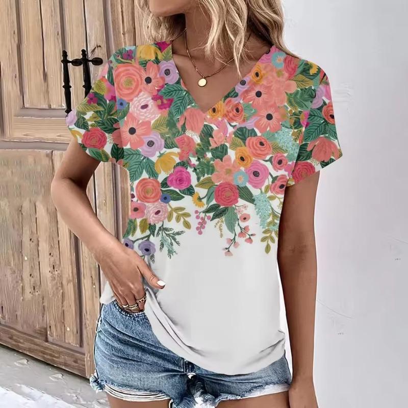 Fashion Women's T-Shirts Fashion Tops V-Neck 3D Floral Print T Shirt Female Short Sleeve Top Casual Tees Summer Oversized Clothing