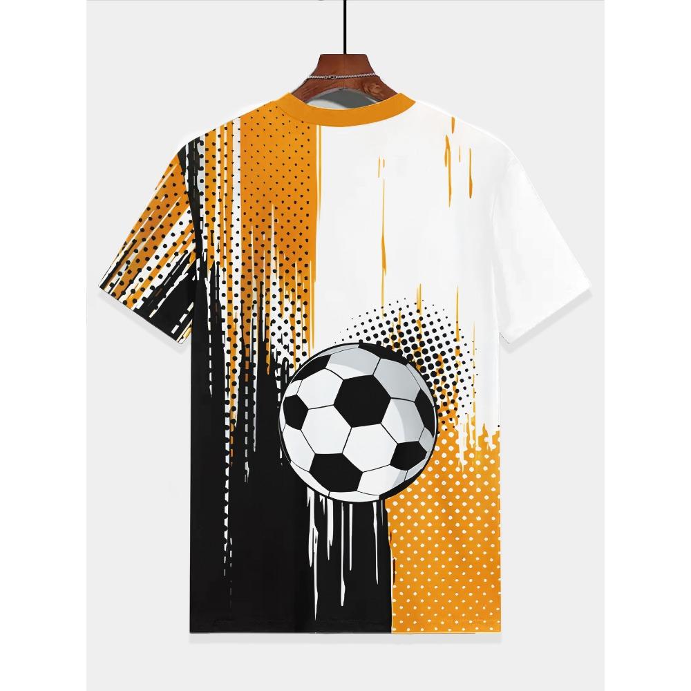 Boys' football ball printed T-shirt - & orange accents, breathable round neck short-sleeved summer top