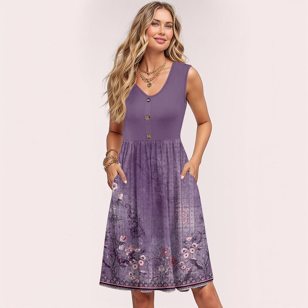 Women Summer Dresses Sleeveless Casual Loose Swing Button Down Midi Sundress With Pockets