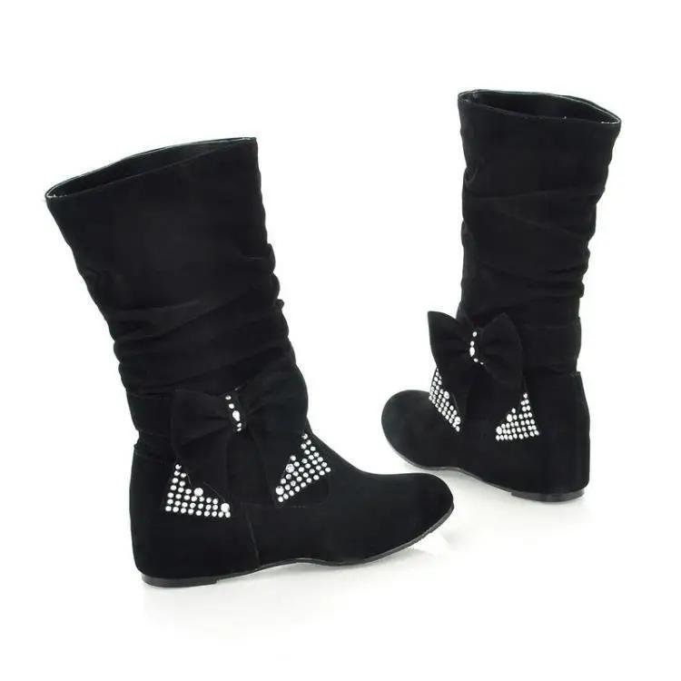 

Winter Women s Boots Fashionable Classic Boots Flat Heels Autumn and Winter Suede Low Tube Rhinestone Butterfly-knot Women Shoes 34 чорний