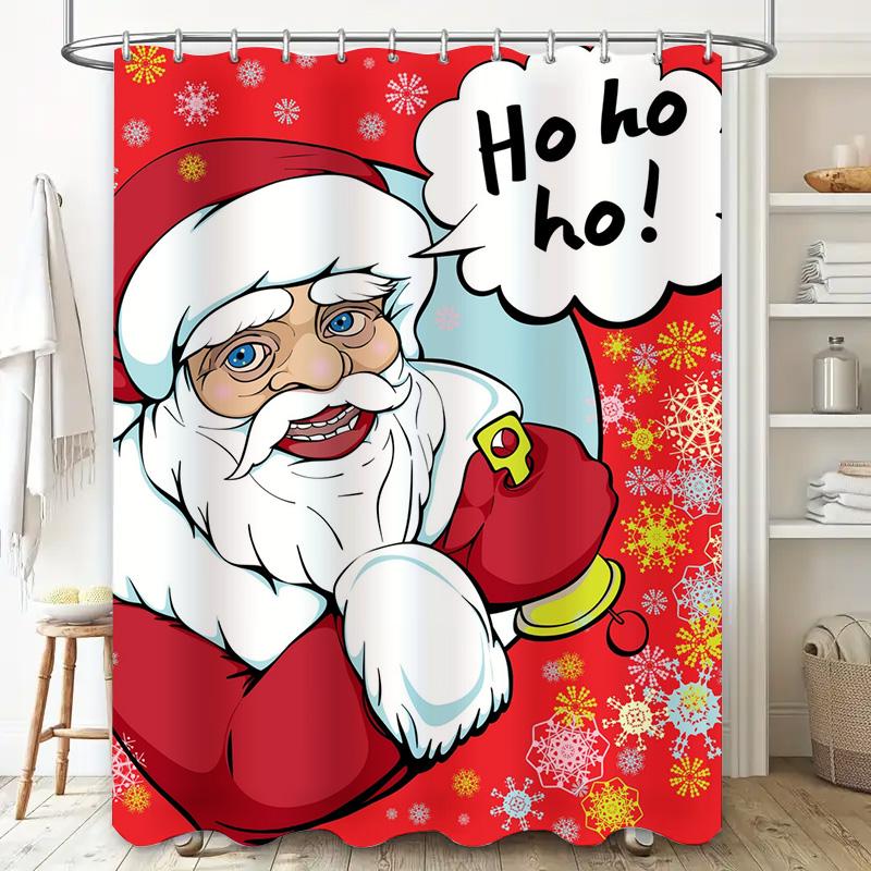 Tu Festive Santa Claus Shower Curtain Christmas Holiday Bathroom Decor Waterproof Fabric Red Green Reindeer Snowflakes Holiday H
