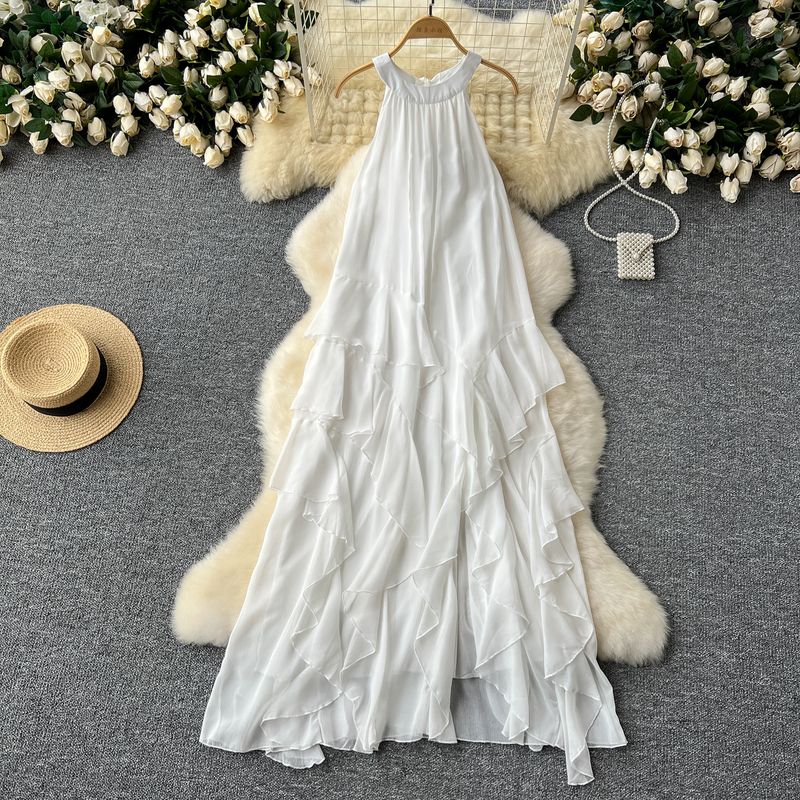 Seaside Holiday Dress Women's Pure Desire Atmosphere Halterneck Ruffles Chiffon Fairy Dress French Sleeveless Long Skirt