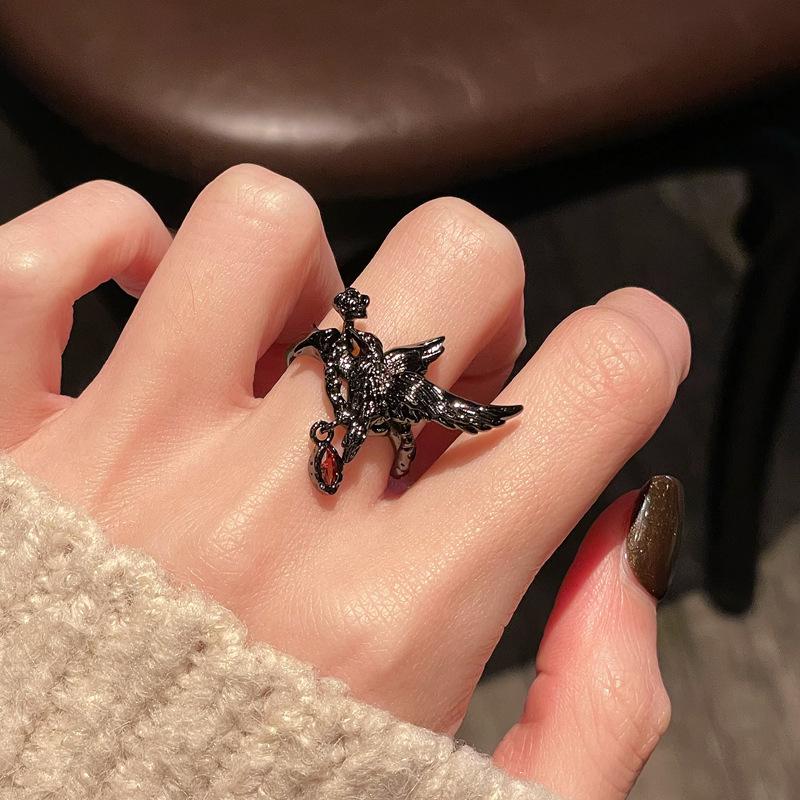 Dark Raven Punk Personality Open Ring Raven Zircon Accessories Niche Premium Trendy Cool Index Finger Ring