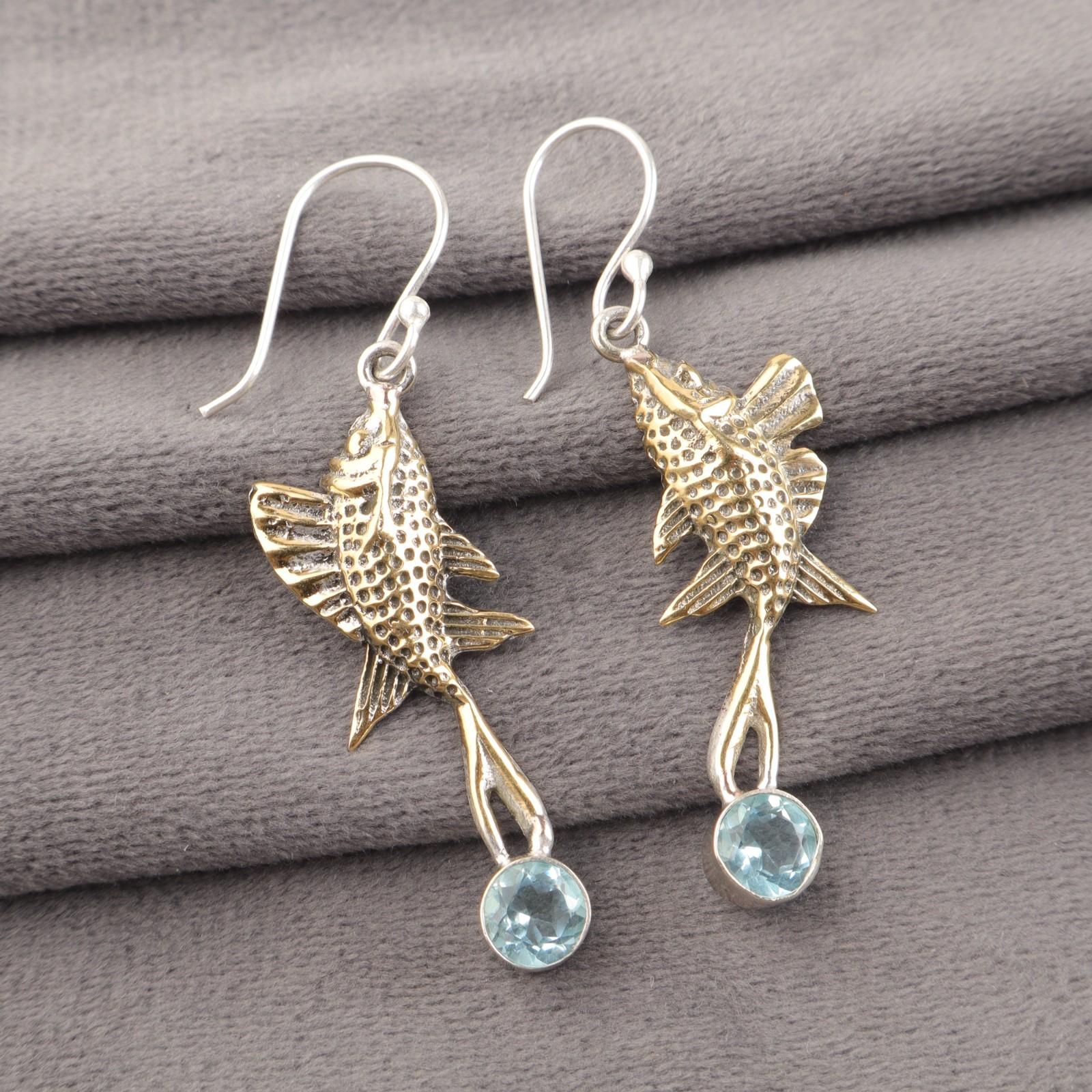 

Драгоценный камень Голубой топаз Нежное серебро 925 пробы Этнические Висячие серьги-подвески Ювелирные изделия EE-148-2