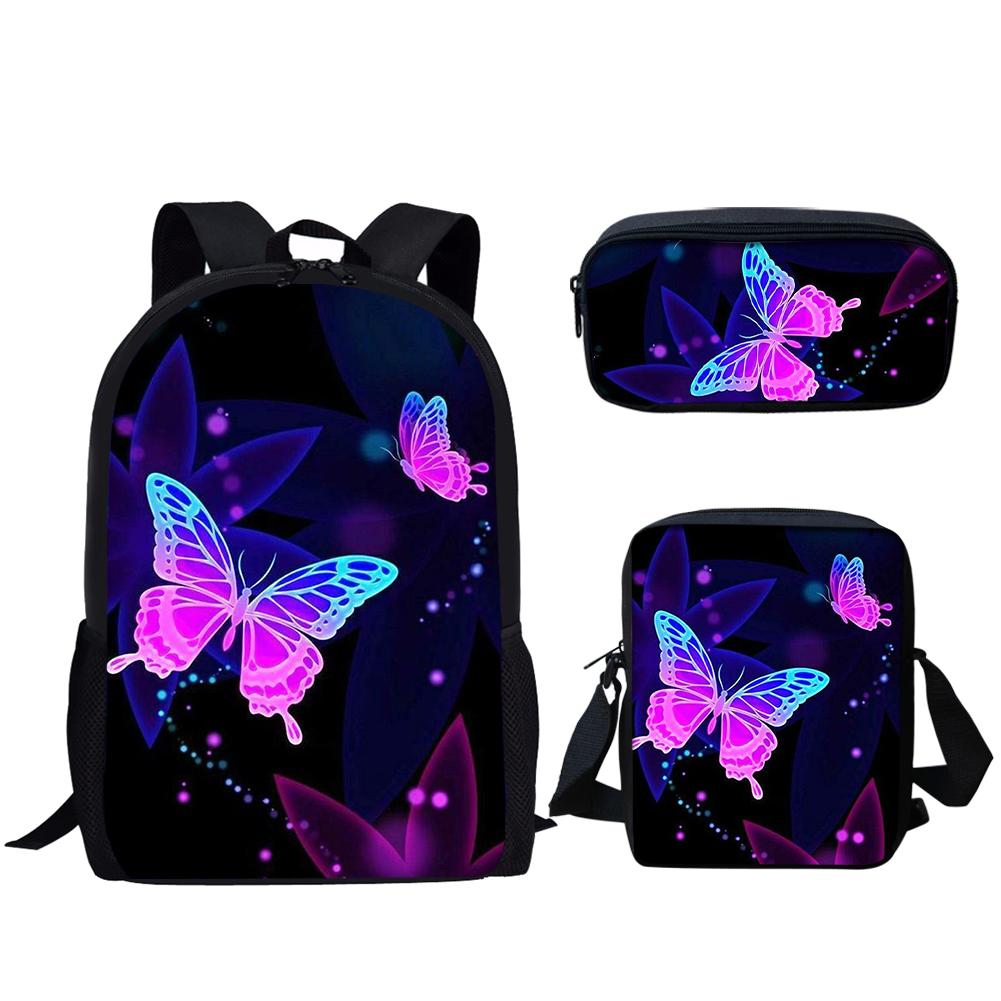 Hip Hop Youthful Purple Butterfly Moon 3D Print 3pcs/Set Student Travel bags Laptop Daypack Backpack Shoulder Bag Pencil Case