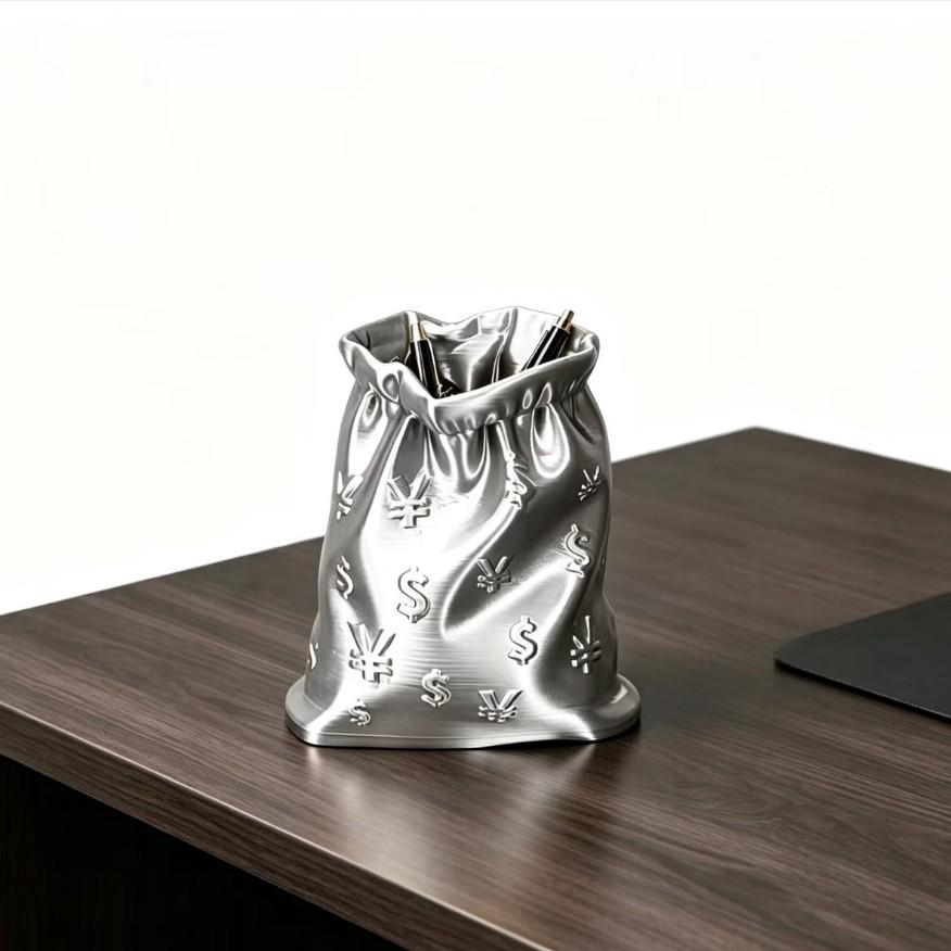 Ins Style Golden Money Bag Pen Holder, Cartoon Desktop Storage Bucket, Large Capacity Organizer for Student Office Desk