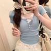 Fake Two-piece Front Shoulder Short-sleeved T-shirt Women's Summer New Slim-fitting and Thin Sweet Spice Girl Short T-shirt Top Ins