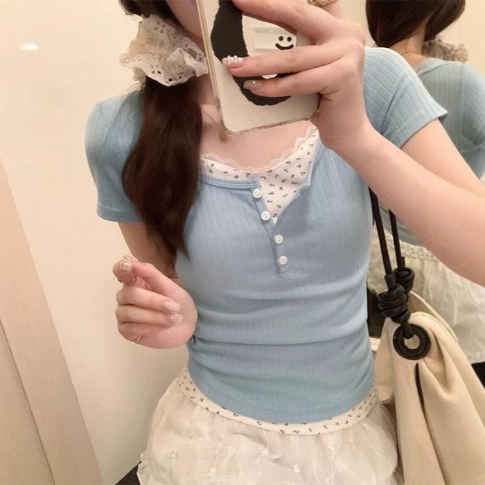 Fake Two-piece Front Shoulder Short-sleeved T-shirt Women's Summer New Slim-fitting and Thin Sweet Spice Girl Short T-shirt Top Ins