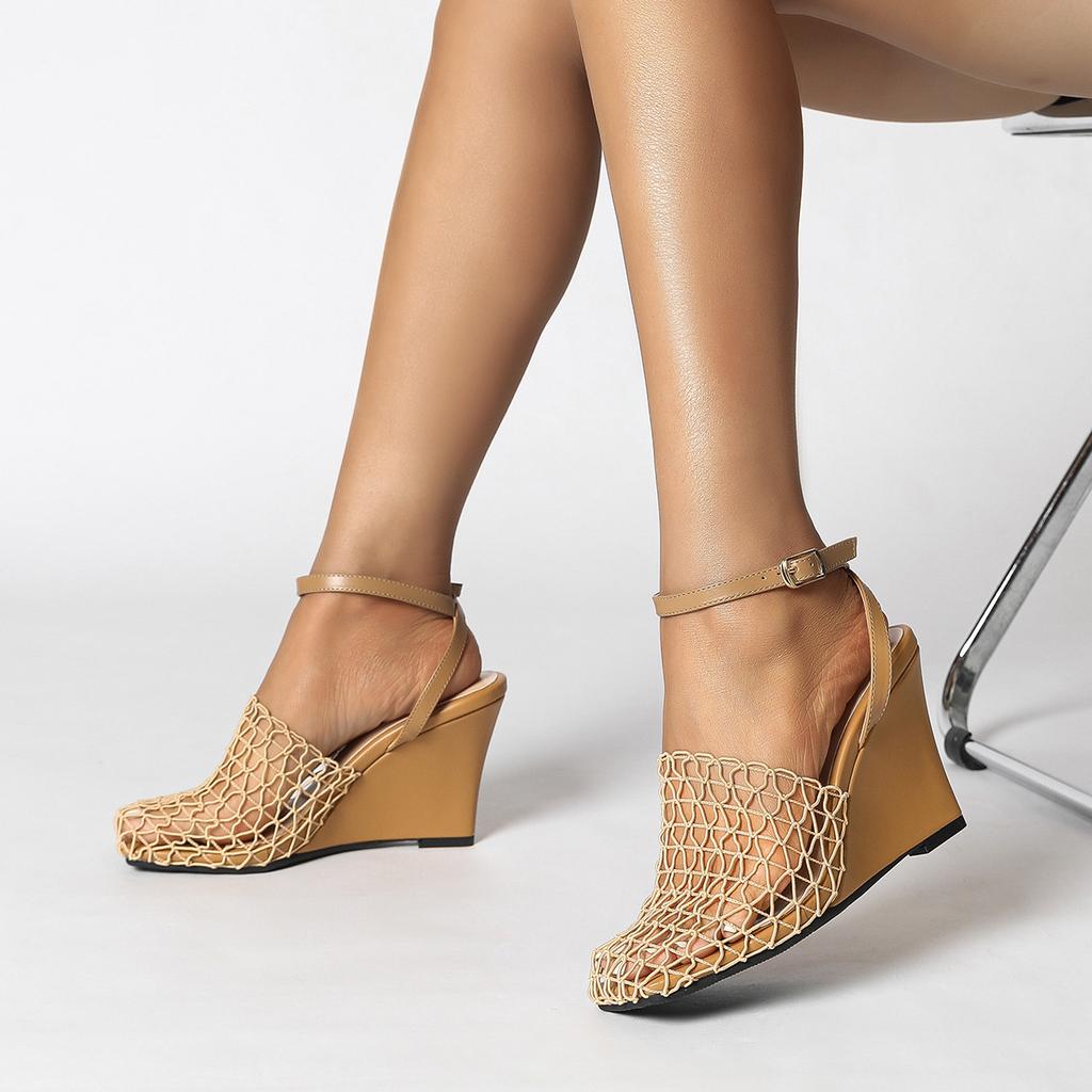 European And American Wedge Heel Flip-Flops With A Sense Of Design Hollowed-Out Woven Fishing Net Shoes Single Shoes