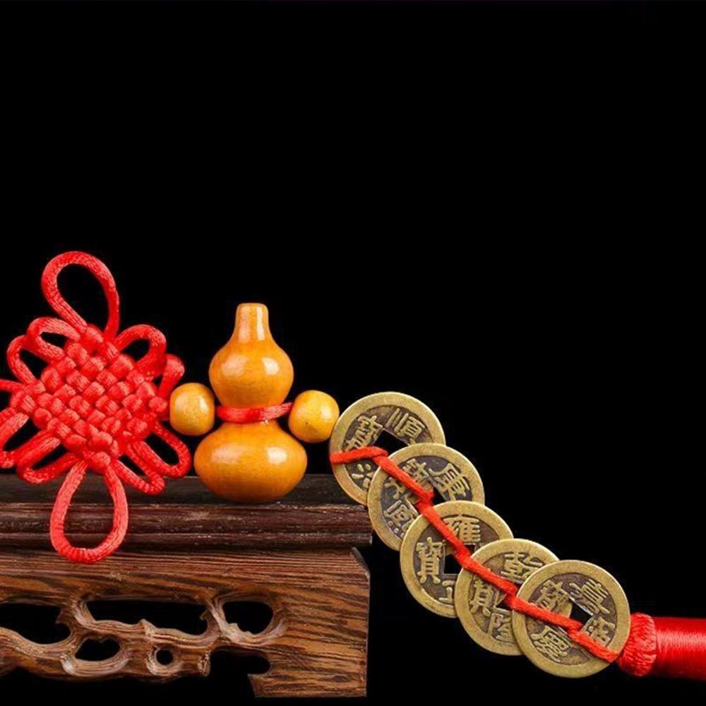 Vintage Lucky Finely Crafted Pure Copper Gourd With Five Emperors CoinsKeychain Charm Feng Shui Keyring Wealth-Attracting Decor