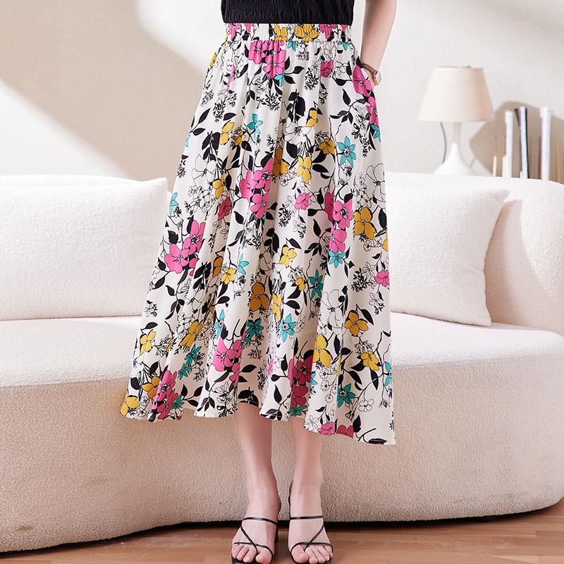 Damen Chiffon Blumen A-Linien Rock - Stilvoller Sommer Elastischer Bund Überwurf