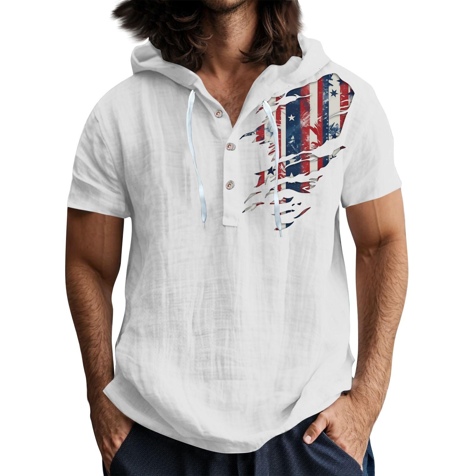 

Men S Casual Short Sleeved Hooded Top Buttoned Open Neck T-Shirt XL білий