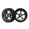 Mxfans 4pcs Black Fish Pattern Rubber Tires Aluminum Alloy Silver Grey 5 Spoke Wheel Rims for RC Car & 110 On-Road