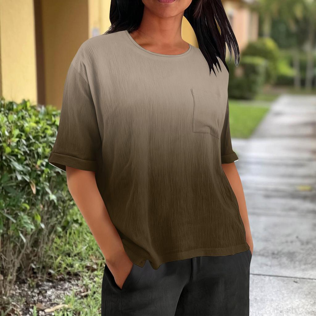 Fashionable Women's T-shirt Short Sleeved Casual Top With Pocket Gradient Print Round Neck Lightweight Shirt