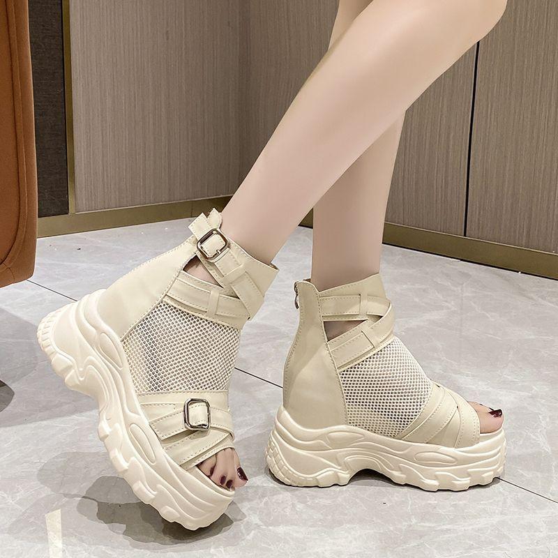 Dámské sandály Dámské módní černé sandály prodyšné síťované 6cm podpatky boty na platformě s přezkou sandály Dámské sandály na zip
