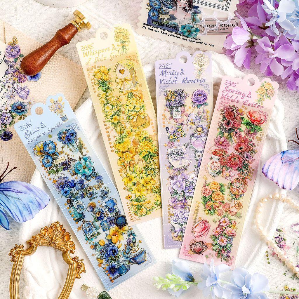 3sheets PET Flowers Stickers Decor Junk Journal DIY Scrapbooking Supplies Collage Decoration Stickers