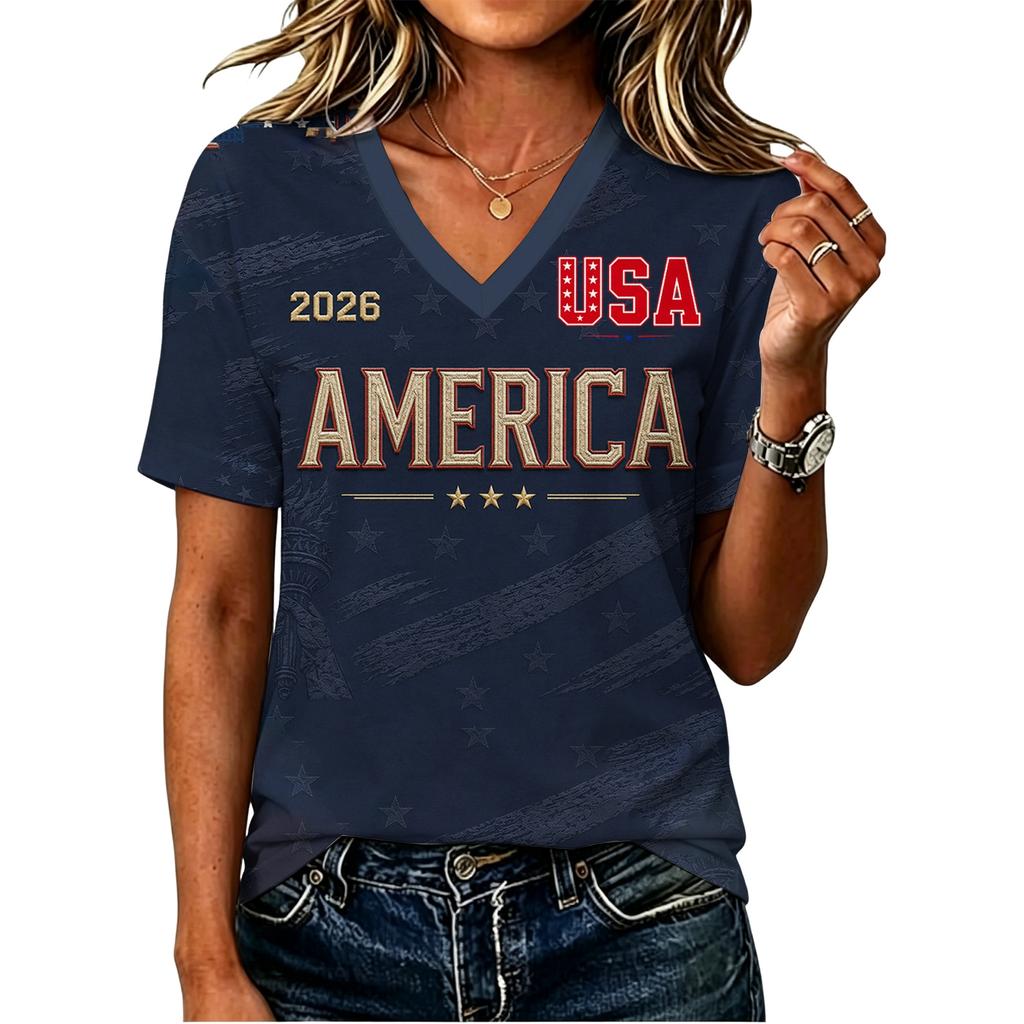 Women's V Neck Letter Print Short Sleeve T Shirt Casual Summer Tee