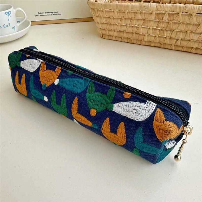 1Pcs Embroidered Exquisite Pencil Box with Retro Multi Color Pattern Details Stationery Storage Student Supplies