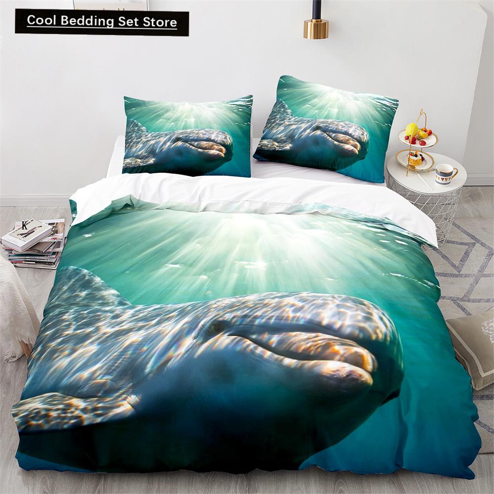 Delfin Bettbezug King Queen Größe Liebliches Meeresleben Bettwäscheset für Kinder Jungen Mädchen Niedliches Ozeantier 2/3-teilig Polyester Steppdeckenbezug