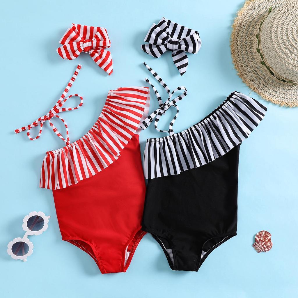 One-Shoulder Striped Swimsuit for Girls - Skirted Triangle One-Piece