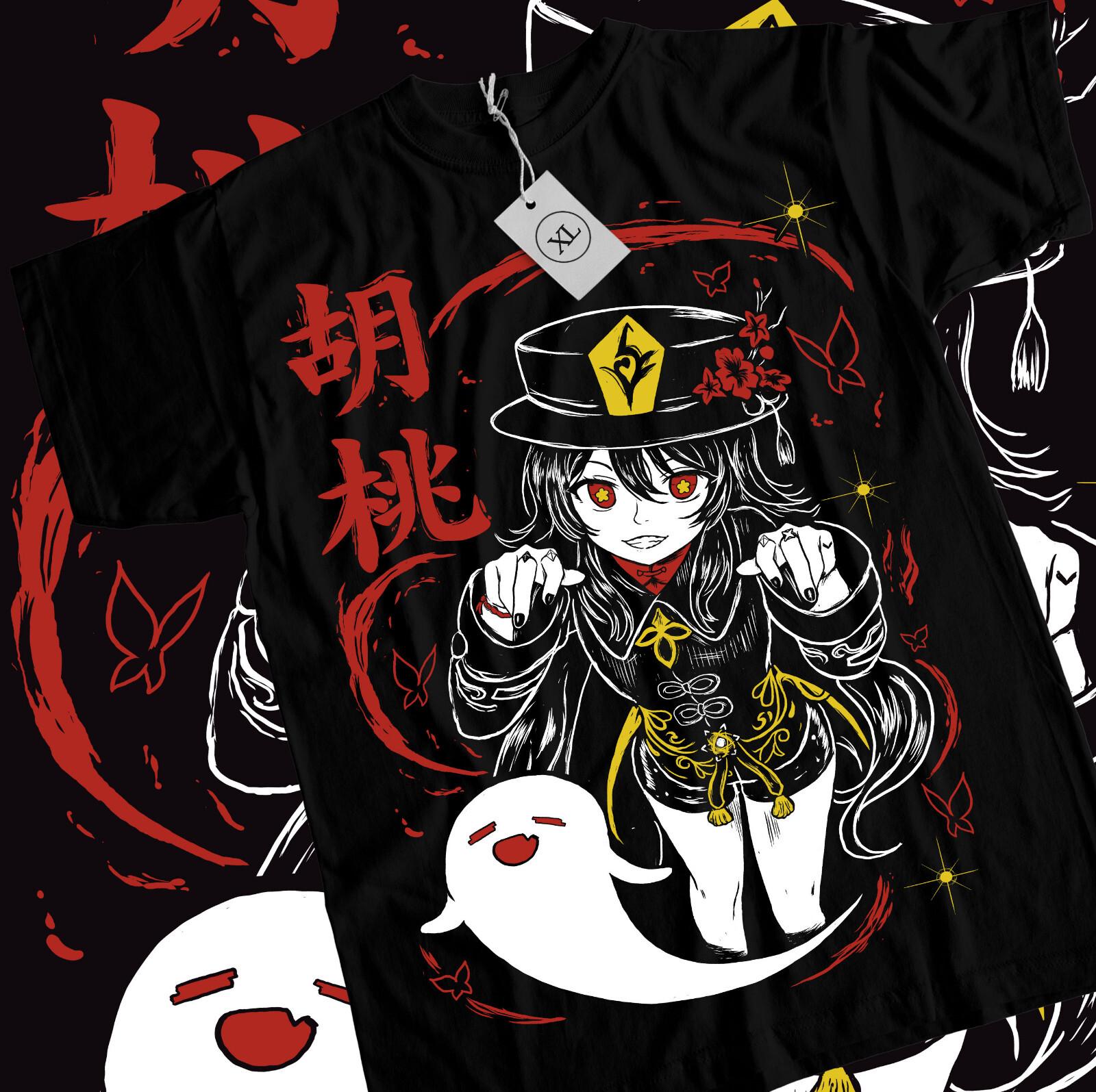 Genshin Impact HuTao Harajuku T-shirt Anime Girl Kawaii Black Shirt Tee All Size S