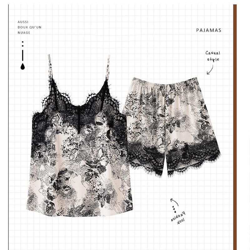 Summer Women'S Suspender Pajamas Sexy V-Neck Lace Women'S Imitation Silk Two-Piece Set Retro Loungewear
