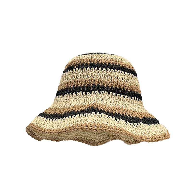 

New Striped Knitted Straw Crochet Hats Hollow Breathable Sun Protection Colorful Handmade Beach Bucket Hat Folded for Women One Size