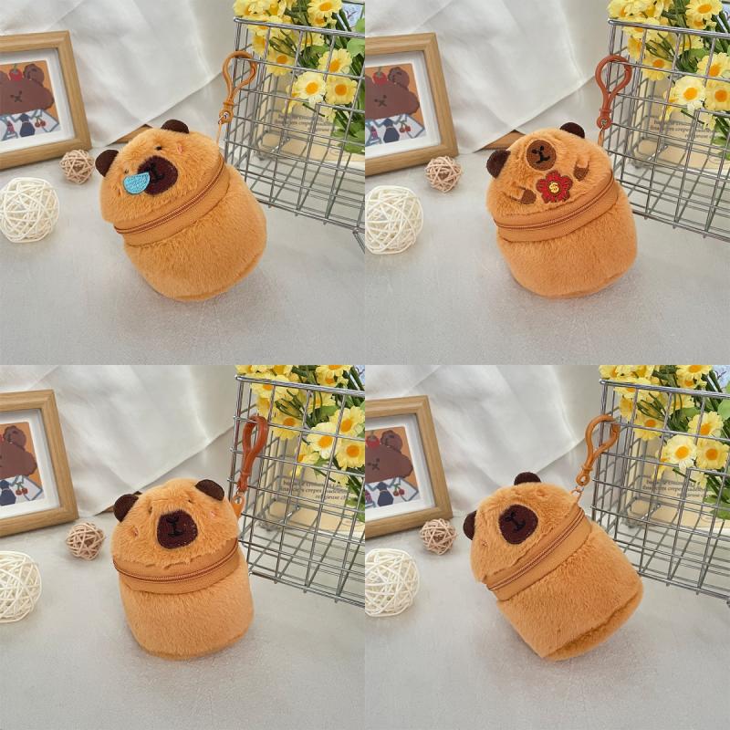 Cute Plush Capybara Zipper Coin Purse Cylindrical Wallet Earphones Lipstick Storage Bag Creative Plush Doll Pendant Girls