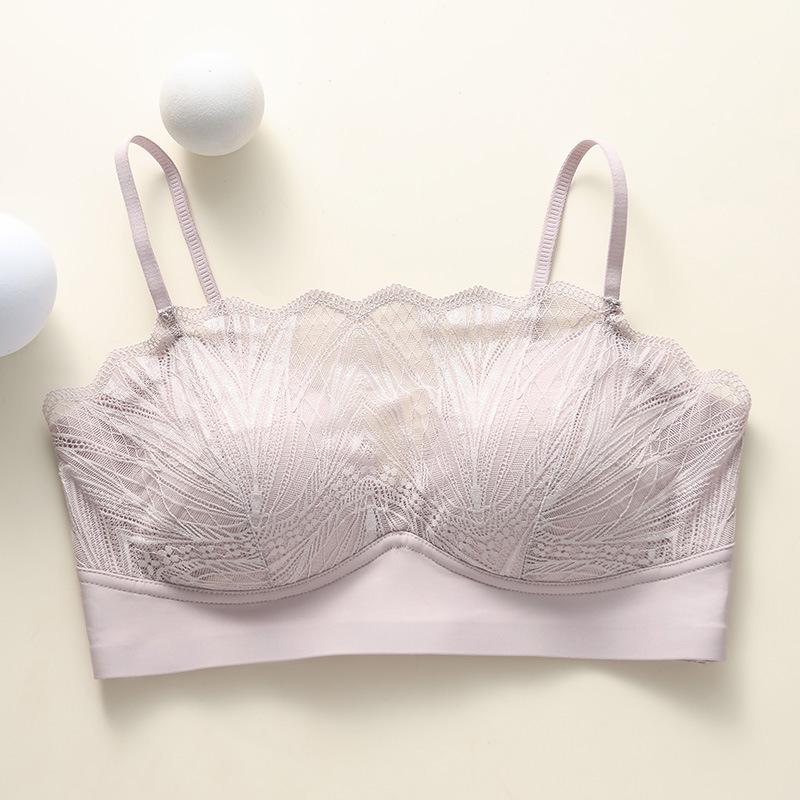Tube Top Underwear Women's Summer Thin French Lace Suspender Anti-light Beautiful Back Comfortable and Breathable Triangle Cup Bra Cover