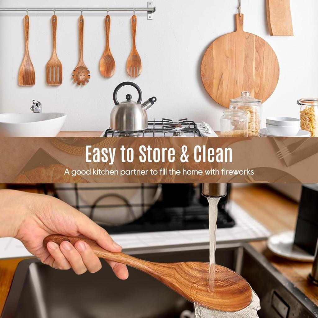 5 PCS Wooden Spoons for Cooking Natural Teak Kitchen Utensils Set Smooth Non-Stick Surface Cooking Utensils Set Soft Comfort-Grip Wooden Spatula Set