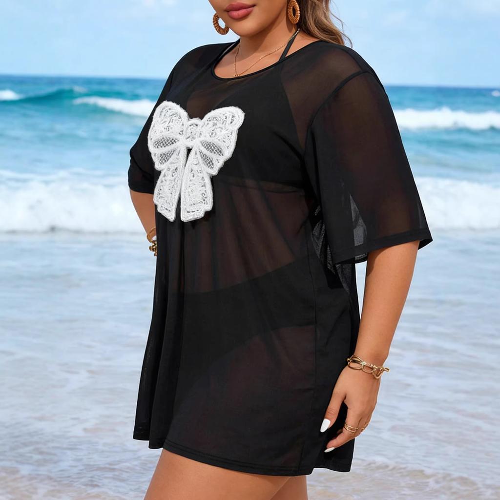 Plus-size Women's Sexy Netted Beach Dress, Bikini Top, Lace Bow Combination Dress