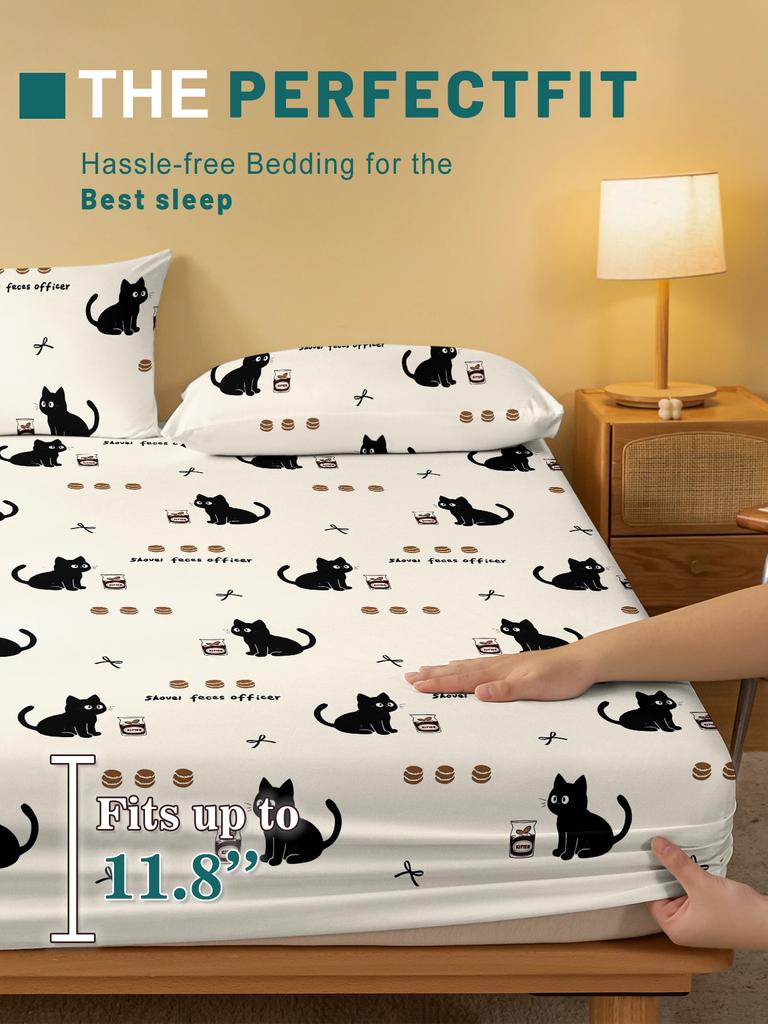 Cartoon 1 Cute Animal Cat Printed Matte Fitted Sheet, Bedroom Printed Bed Cover, Bedding Excluding Pillowcases