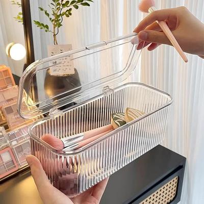 Kosmetický úložný box s protiprachovým krytem: Multifunkční koupelnový organizér pro uložení štětců na make-up a rtěnek