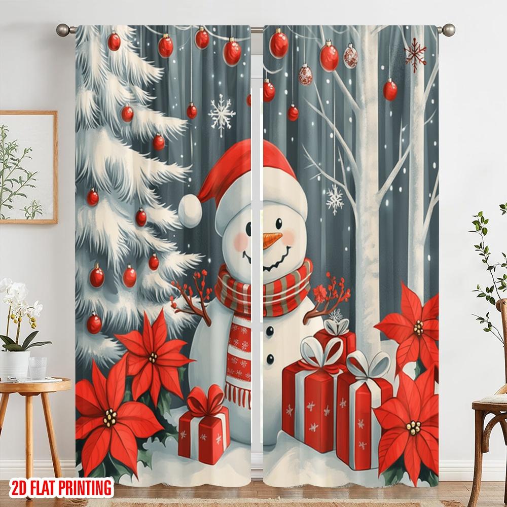 2pcs,2D Plane Printing Popular Curtains Cute Snowman Christmas Poinsettia Gift (2) Versatile Durable Polyester (without Rod)