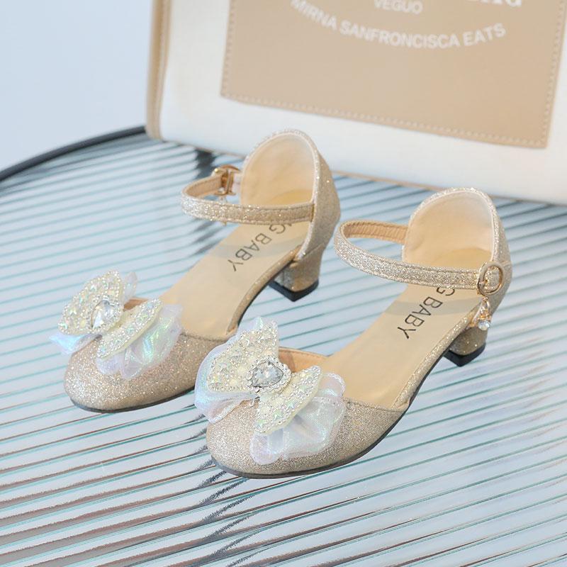 Girls Elegant Low-heeled Girls Mary Jane for Party Wedding 2024 Summer New Bow Rhinestone Sweet Princess Kids Fashion Sandals