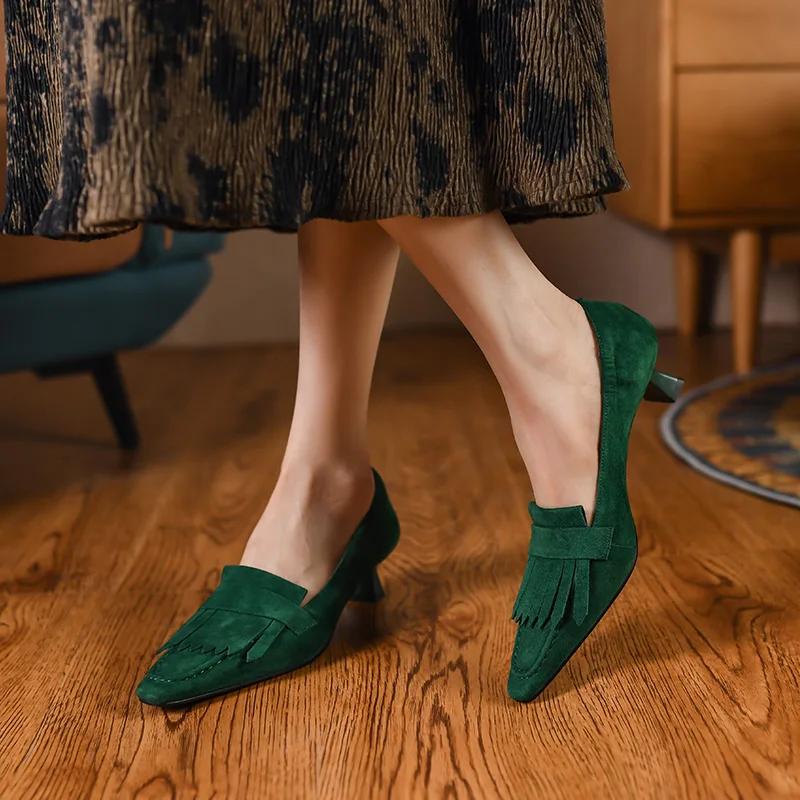 Fashion 2025 Spring/Autumn Sheep Suede Women Shoes Comfortable Retro Women Pumps Square Toe Heels Shoes Women Zapatos De Mujer Tassel