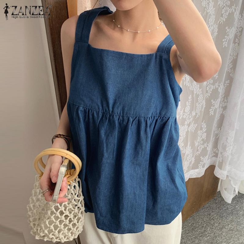 

ZANZEA женский летний плиссированный однотонный свободный джинсовый жилет без рукавов с квадратным вырезом и лямками