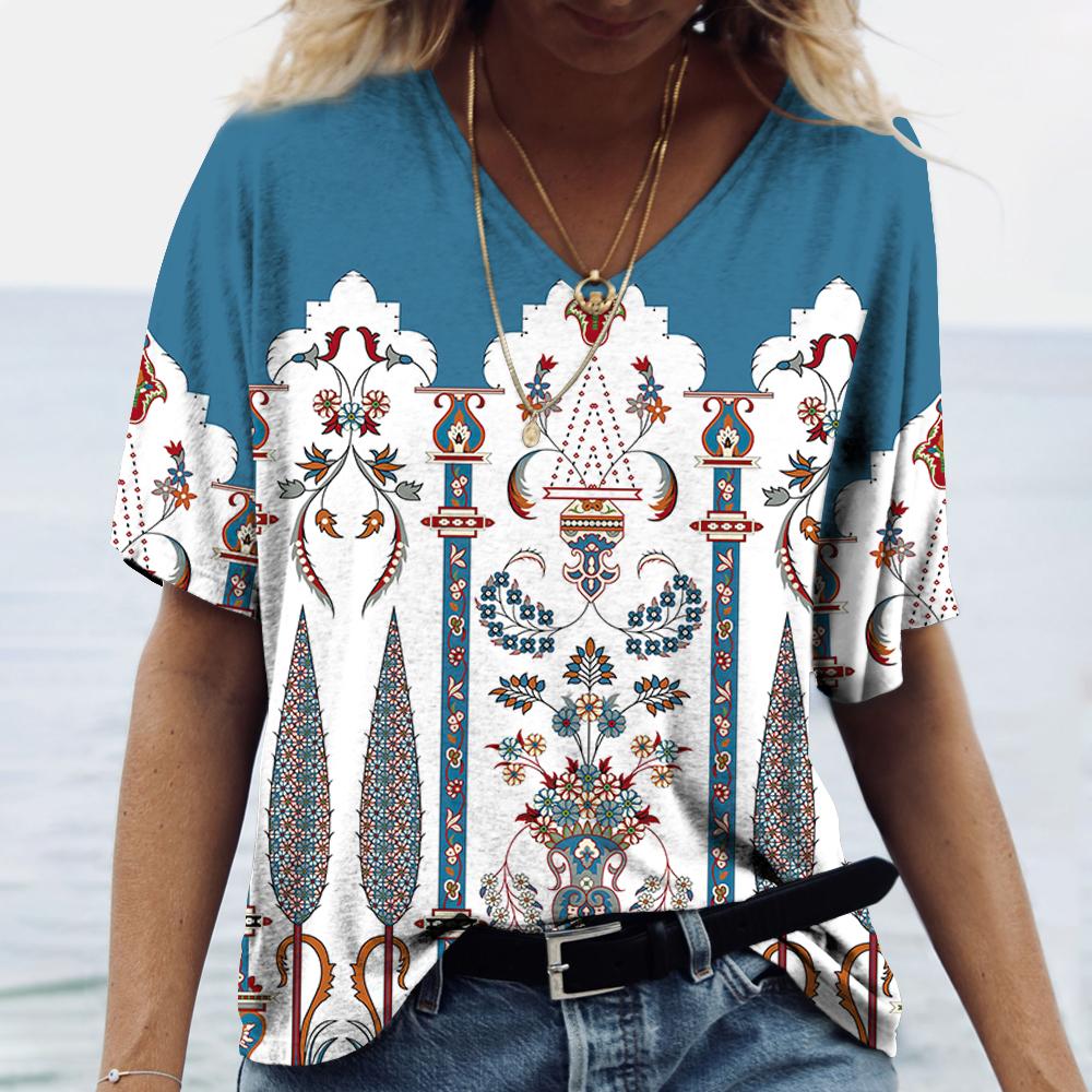 Summer V-neck 3D Vintage Ethnic Printed Top Fashionable Casual Bohemian Style Short Sleeved Women's T-shirts