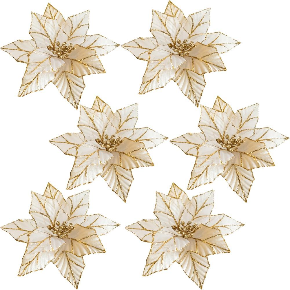 Christmas Poinsettia Ornaments 25 Cm Fauxs Cloth Flowers Set Of 6 Glitter Petals For Tree Wreath Garland Centerpiece