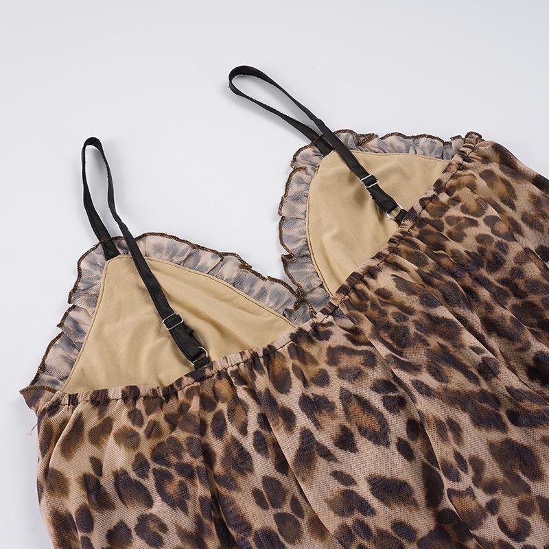 European Leopard Print Lace-Up Camisole with Bow Tie, Lace Trim, and V-Neck Slim Fit.