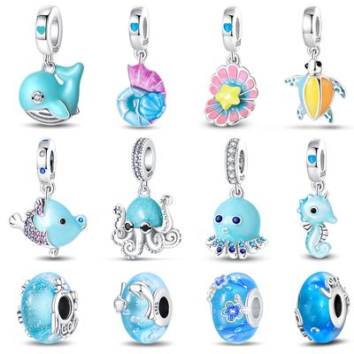 Real 925 Sterling Silver Whale Octopus Sea Shell Blue Luminous Charms Beads Fit 925 Original Bracelets DIY Fine Jewelry