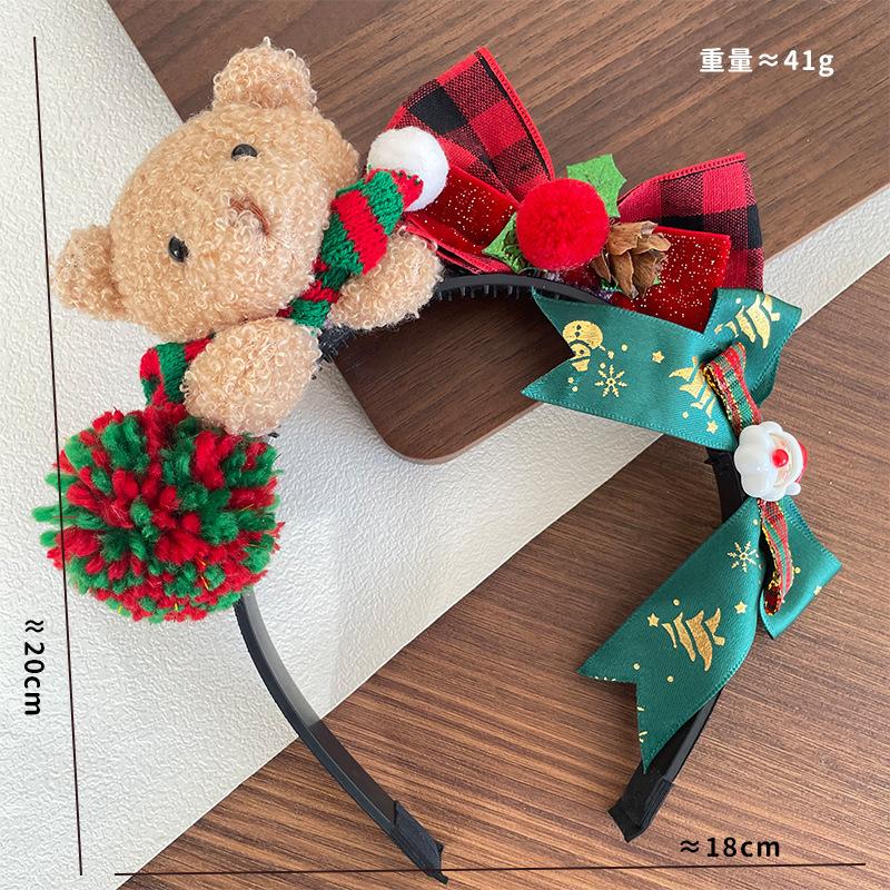 

1pc Cute Teddy Bear Christmas Headband with Plaid Ears, Red & Green Bow & Pom-Pom - Soft Comfortable Festive Hair Accessory