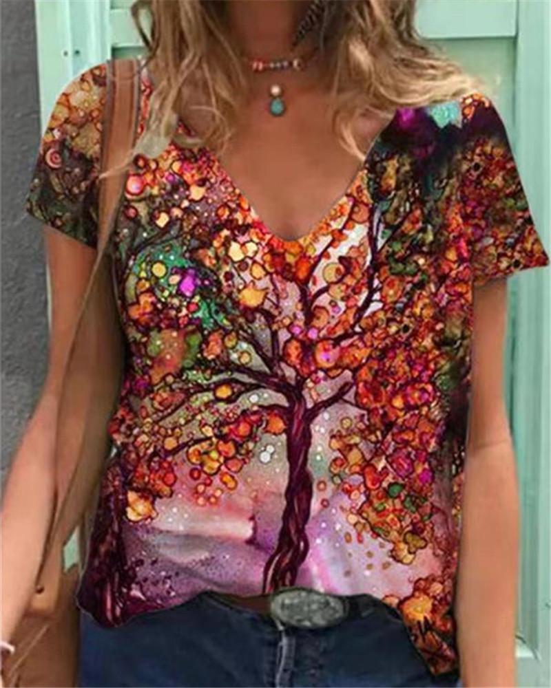 Summer Women's New Amazon Painted V-neck Printed Short Sleeved T-shirt