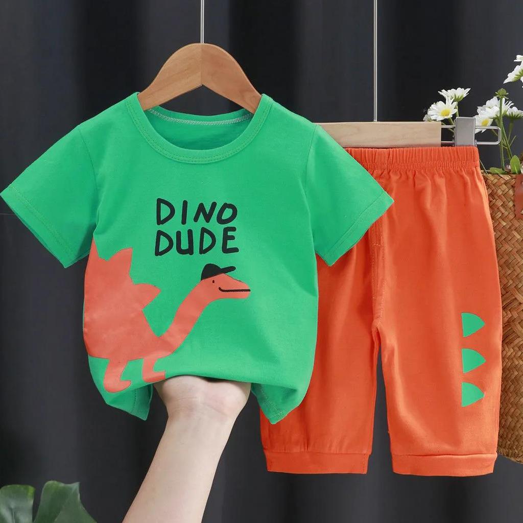 Children's Suit Summer Thin Short Sleeve Suit Boys and Girls Loose Korean Printed Animal T-shirt Shorts Two Piece Set