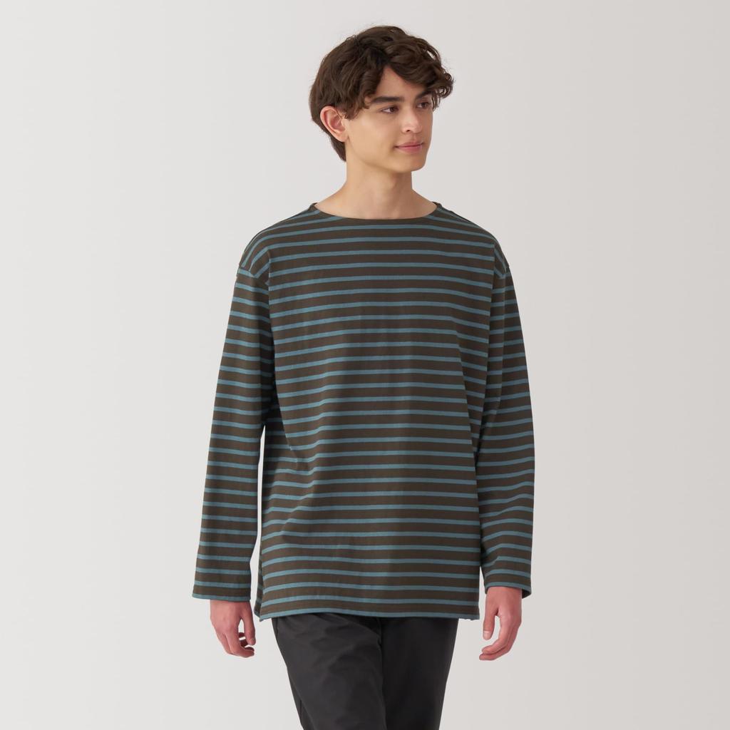 MUJI Washed Thick Boat Neck Quarter Sleeve AB1L6A4A Dark Brown Border XL Men's T-Shirt Men's Men's