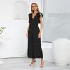 Women Slim High Waist Wide Leg Jumpsuit Sleeveless Ruffle V Neck Pleated Pants