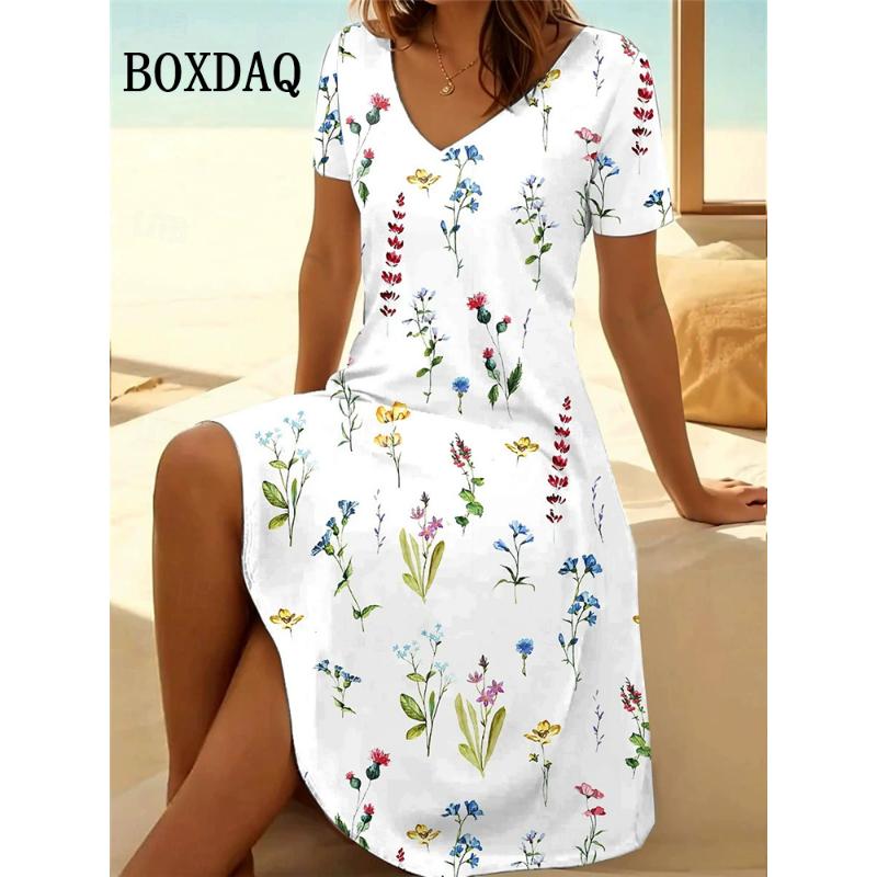 Vintage Summer Dress Women's V-Neck Flowers Printed Casual Beach Vacation Short-Sleeved Dress Loose Women Plus Size Dresses 6XL
