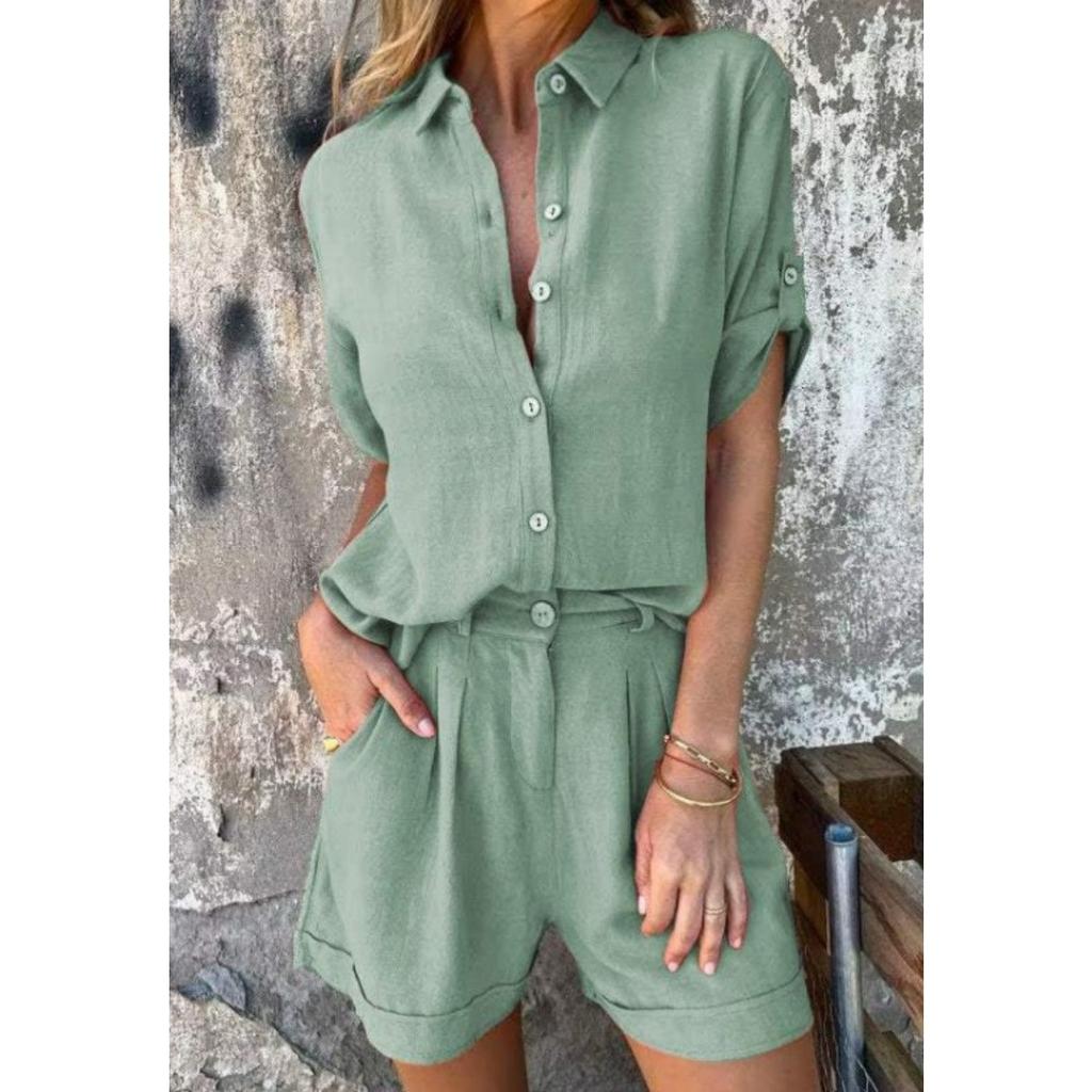 Lněný dvoudílný set, Volná košile, Šortky s vysokým pasem, Bavlněné lněné šortky s krátkým rukávem, Ležérní, Dámský, Oblek