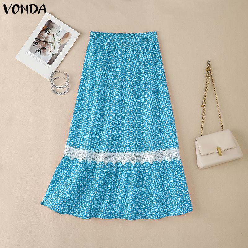 VONDA Women Elastic Waist Front Lace Hem Floral Print Casual A-Line Pleated Swing Skirts M синий