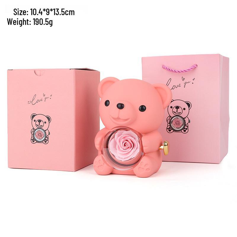 Hugging Bear Preserved Rose Gift Box with Necklace & Ring
